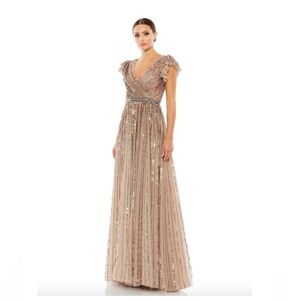 MAC DUGGAL Dress Size 18 Evening Gown Sequin Wrap NEW Brown Gold Ruffle Sleeve
